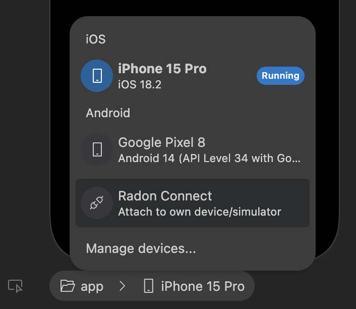 Radon Connect button on the device selector menu